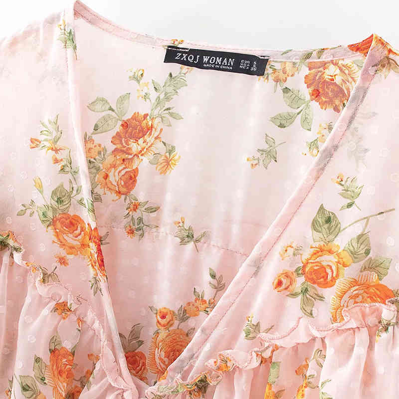 Women Ruffled Floral Transparent Chiffon Blouse Thin Long Sleeve V-neck Chic Shirts Female Summer Top High Street Femme Vestiods 210521