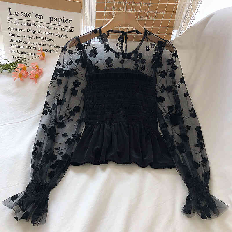 Spring Autumn Velvet Blouse Women Mesh Floral Sleeve Patchwork Tops Female OL Casual Blouses Korean Elegant Blusas 210519