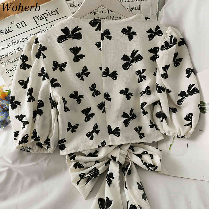 Bandage Bow Print Crop Tops Women Summer Blouses Chiffon Puff Sleeve Shirts Chic V Neck Fashion Simple Blusas Mujer 210519