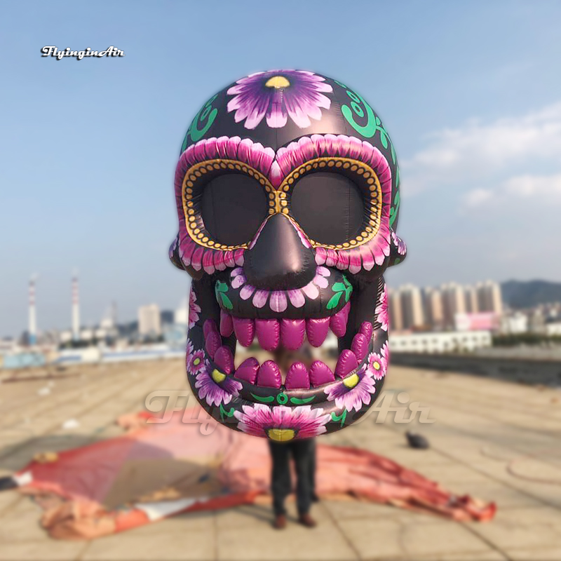 Outdoor Halloween Parade Performance Walking Inflatable Skull Puppet 3m Height Purple Moveable Blow Up Human Head Bone Balloon For Event