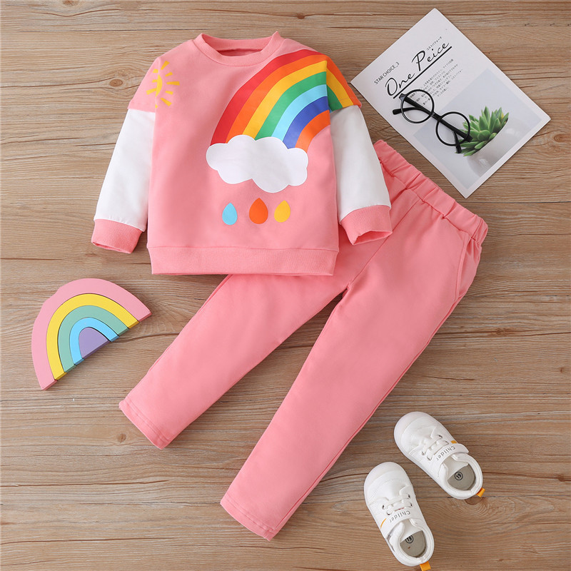 Baby Boys Spring Clothing Sets Rainbow Print Stitching Toddler Clothes Sweatshirt Pants Outfit Suit Kids Children 210508
