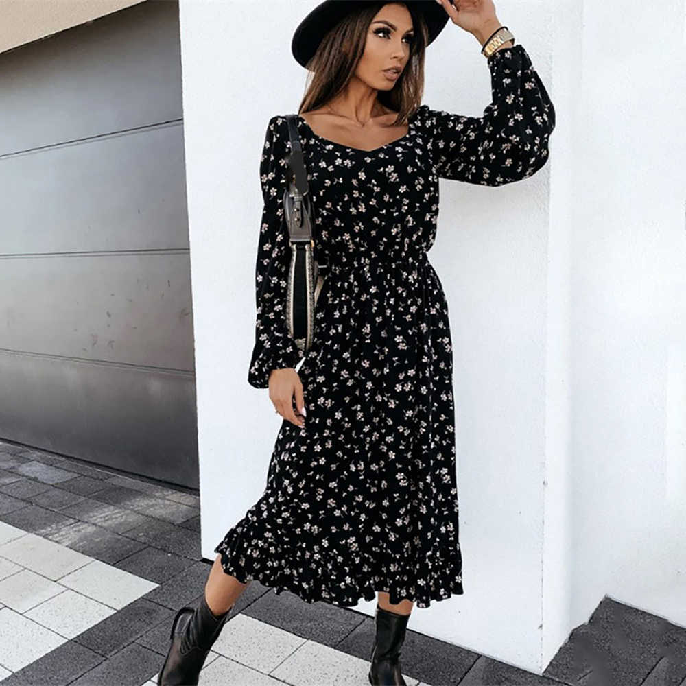 Spring Long Sleeve Floral Midi Woman Dress Summer Fashion Square Collar Ruffles Black Dresses For Women Casual Vestidos 210630