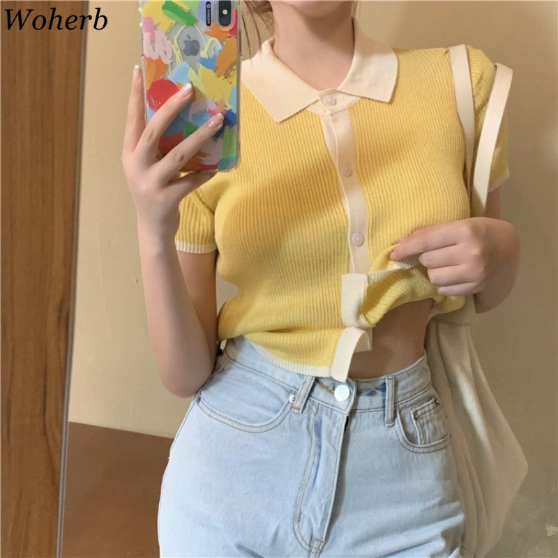 Thin Knitted T-shirt Women's Summer Korean Shirt Turn Down Collar Contrast Color Patchwork Slim Short Sleeve Tops 210519