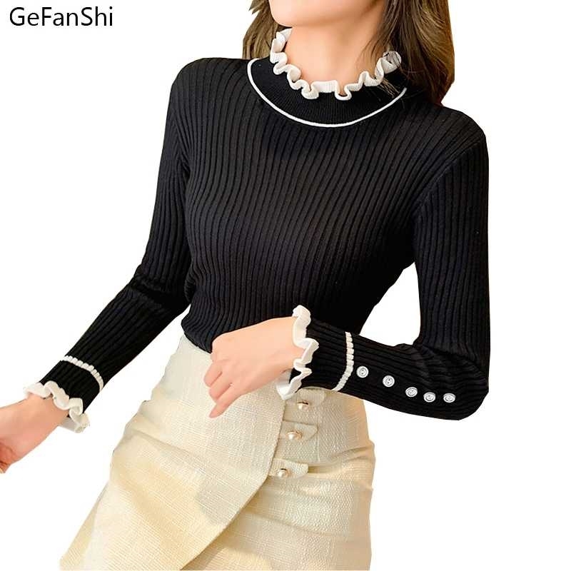 Autumn Winter Sweaters Fashion Cute Half Turtleneck Pullovers Knitted Ladies Sweater Women Ruffles Sleeve Bastic Kintting 211123wtt