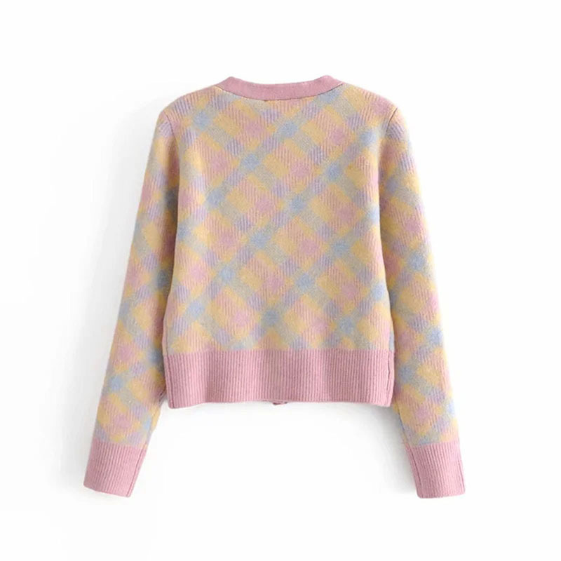 Women Sweet Diamond Plaid Girlish Style Sweater Female Single-Breasted Long Sleeves Cardigan Chic Top 210520
