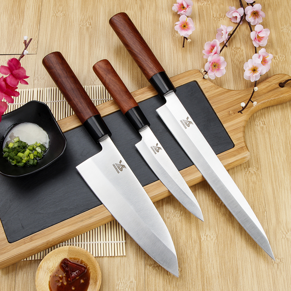 BIGSUNNY Sashimi Sushi Deba Knife German Stainess Stee Pro Sicing Knife 9Yanagiba / 7Deba / 5Utiity Rose Wood Hande
BIGSUNNY Sashimi Sushi Deba Knife German Stainess Stee Pro Sicing Knife 9Yanagiba / 7Deba / 5Utiity Rose Wood Hande