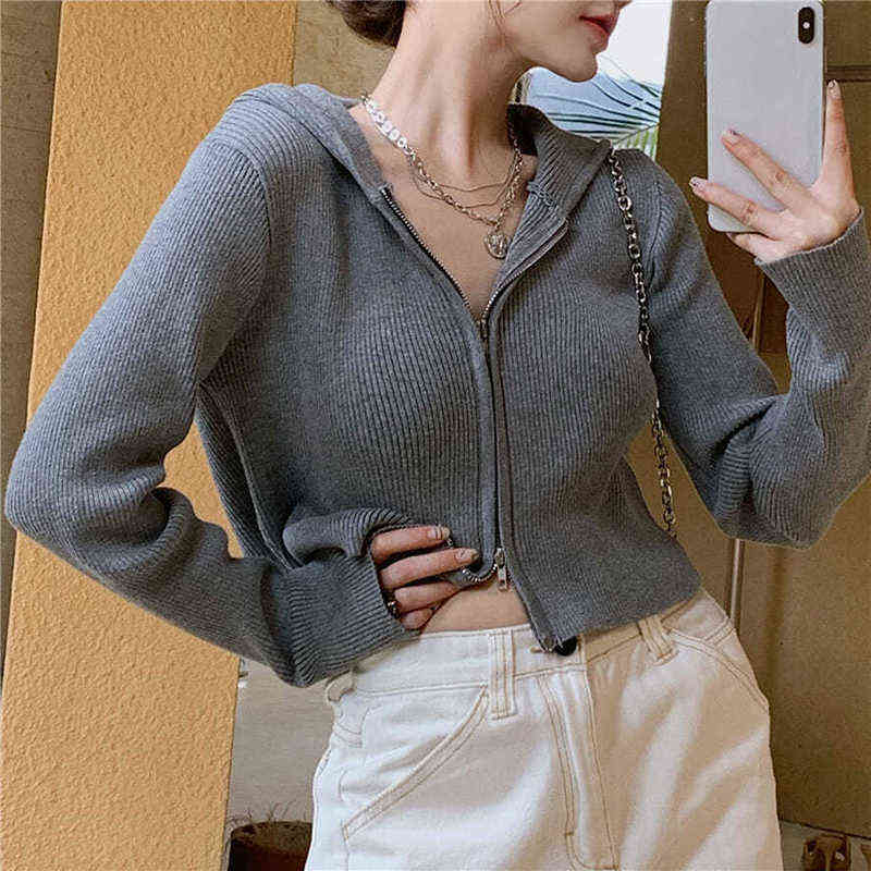 Rimocy Autumn Zip-up Cardigans Women Casual Slim Fit Knitted Hoddied Crop Cardigan Woman Korean Solid Color Sweaters Ladies 211117