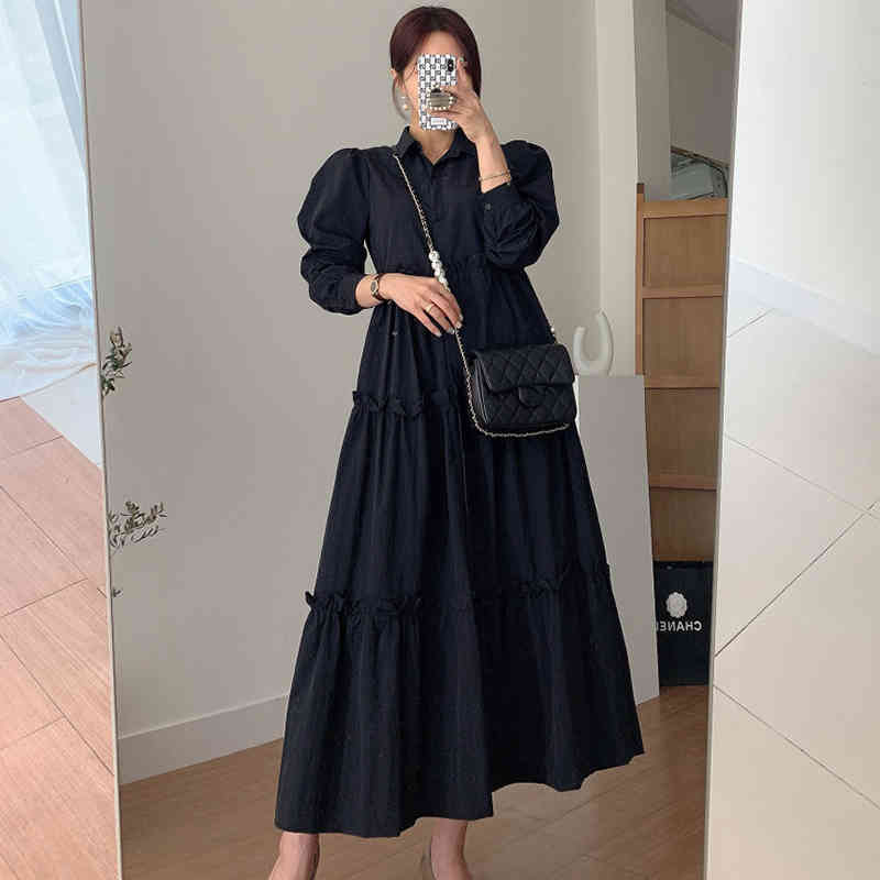 Spring Women's Korean Elegant Turn-dwon Single-breasted Wooden Ear Decorative Large Swing Dress ZT1206 210427