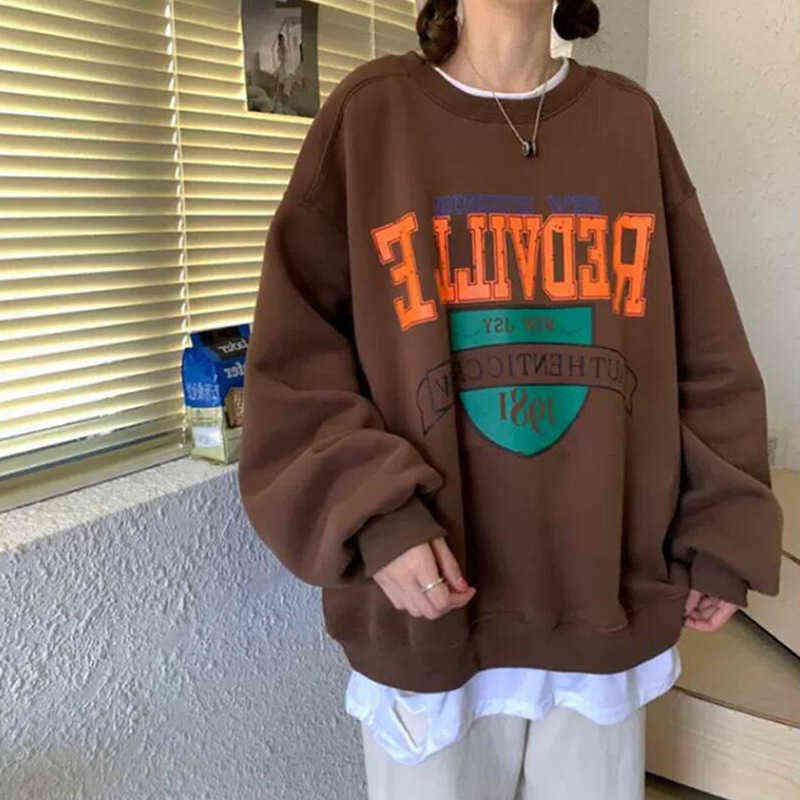 Women Letter Embroidery Crewneck Sweatshirt Girls Autumn Winter Oversized Streetwear Korean Style Casual Student Pullover 211108