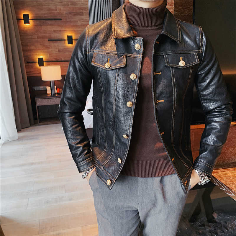 High Quality Autumn Winter Korean Slim Fit Single Breasted Turn Down Collar Motorcycle PU Leather Jacket Men Clothing Coats 211119