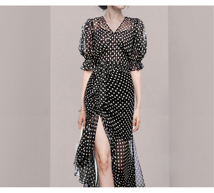 Vintage V-Neck Polka Dot Printed Chiffon Drawstring Midi Dress Women Elegant High Waist Slim Ruffle Vestidos Fashion Summer 210519