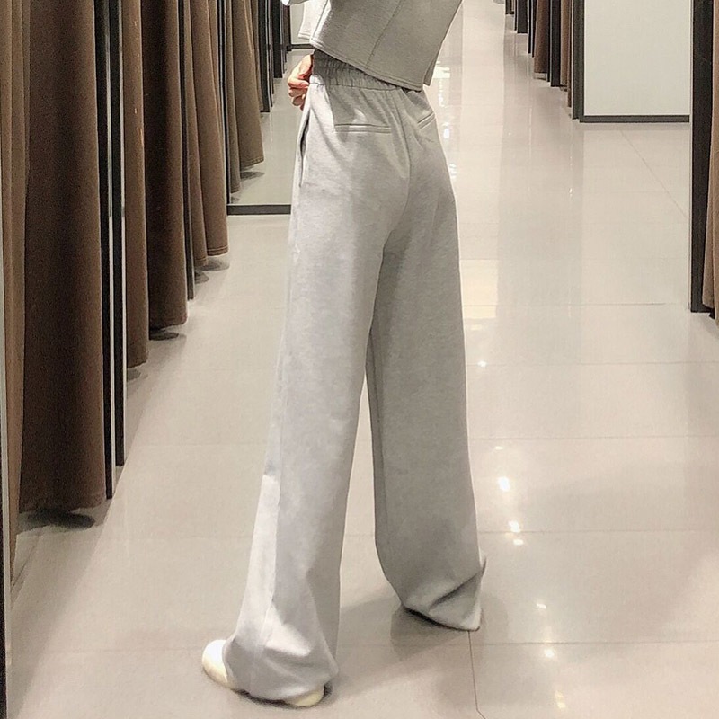 Casual Full Length Gray Pants Women Pleated Elastic High Waist Wide Leg Lady Baggy Loose Trousers Femme Pantalon 210515