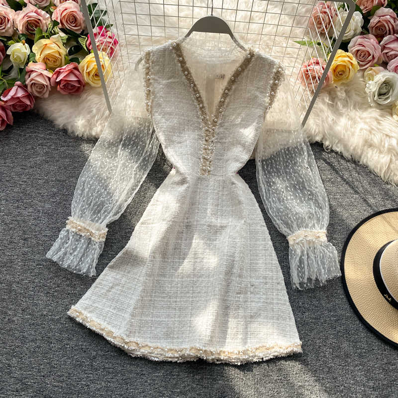 LY VAREY LIN Autumn Women Elegant Sweet Flare Sleeve Mesh Shirt Top + Beading Sleeveless Tweed Party Dress Two-Piece Set 210526