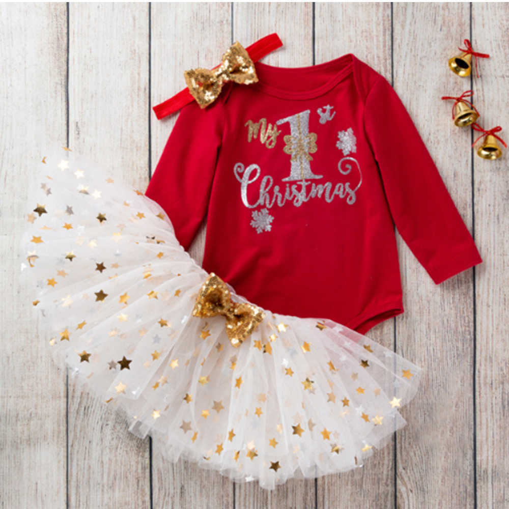 Mudkingdom Christmas born Baby Girls Clothes Sets Cartoon Print Tops Lace Tutu Skirt Headband Outfits 210615