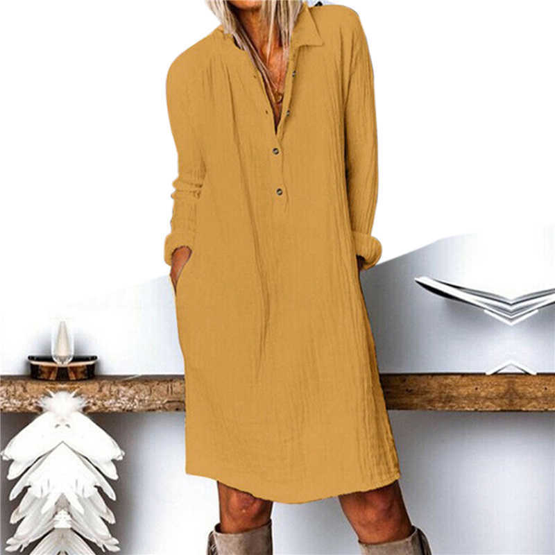 Cotton Linen Women Dress Spring Autumn Loose Plus Size Casual Vestidos Long Sleeve Nature Button Turn Down Collar Dresses 210630