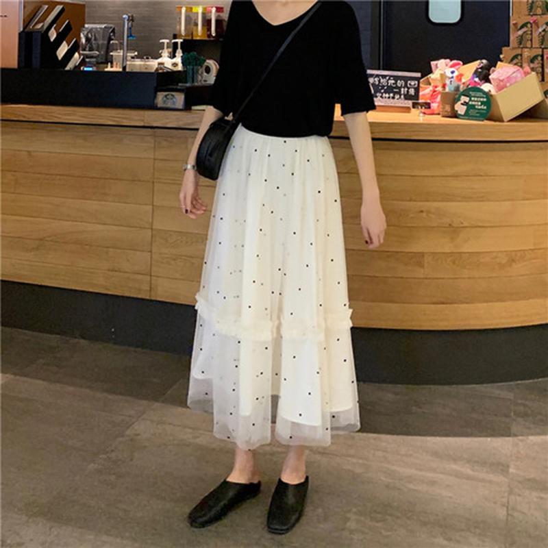 Arrival Summer Korea Fashion Women High Waist Slim Long Skirt Dot Mesh Sweet A-line s Female White S301 210512