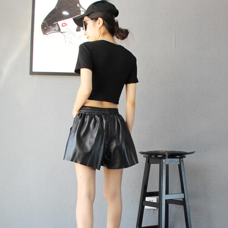 Brand Women Punk Star Rivet Wide Leg Harem Trousers Casual Loose Fit Elastic Waist Sheepskin Genuine Leather Female Shorts Women's