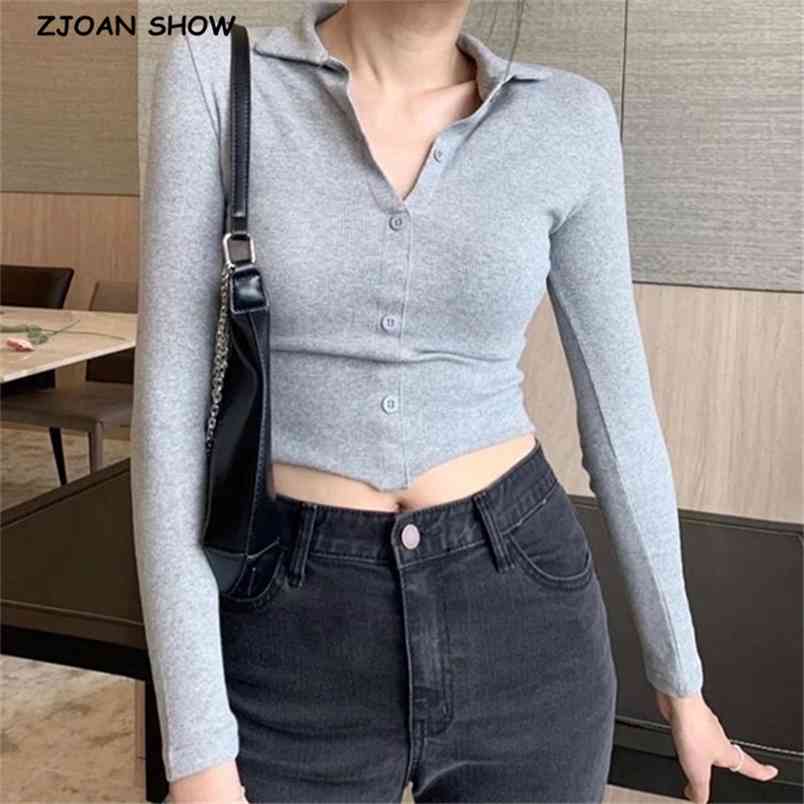 Spring Vintage Lapel Open Buttons Long sleeve Tee Harajuku Women Tight t shirt With stretch T-shirts 210429, Gray
Spring Vintage Lapel Open Buttons Long sleeve Tee Harajuku Women Tight t shirt With stretch T-shirts 210429, Gray