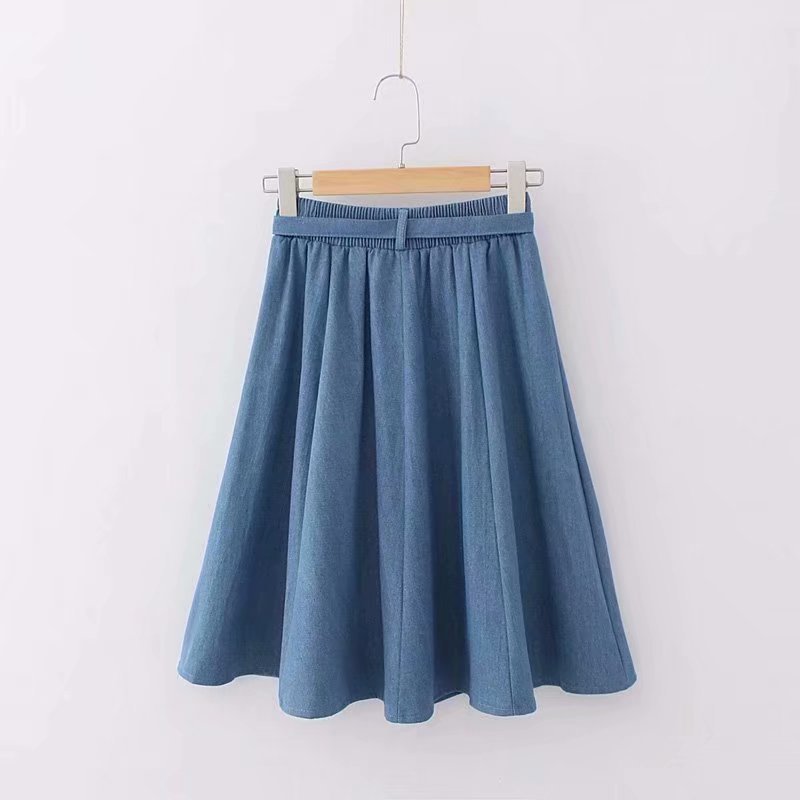 Blue Denim Skirt: Vintage Bow Belt High-Waist Chic Short Skirt For Women