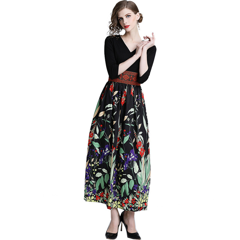 VKBN Spring and Summer Women Dress Up Printing Three Quarter Knee-Length V-Neck Empire Dresses Long 210507