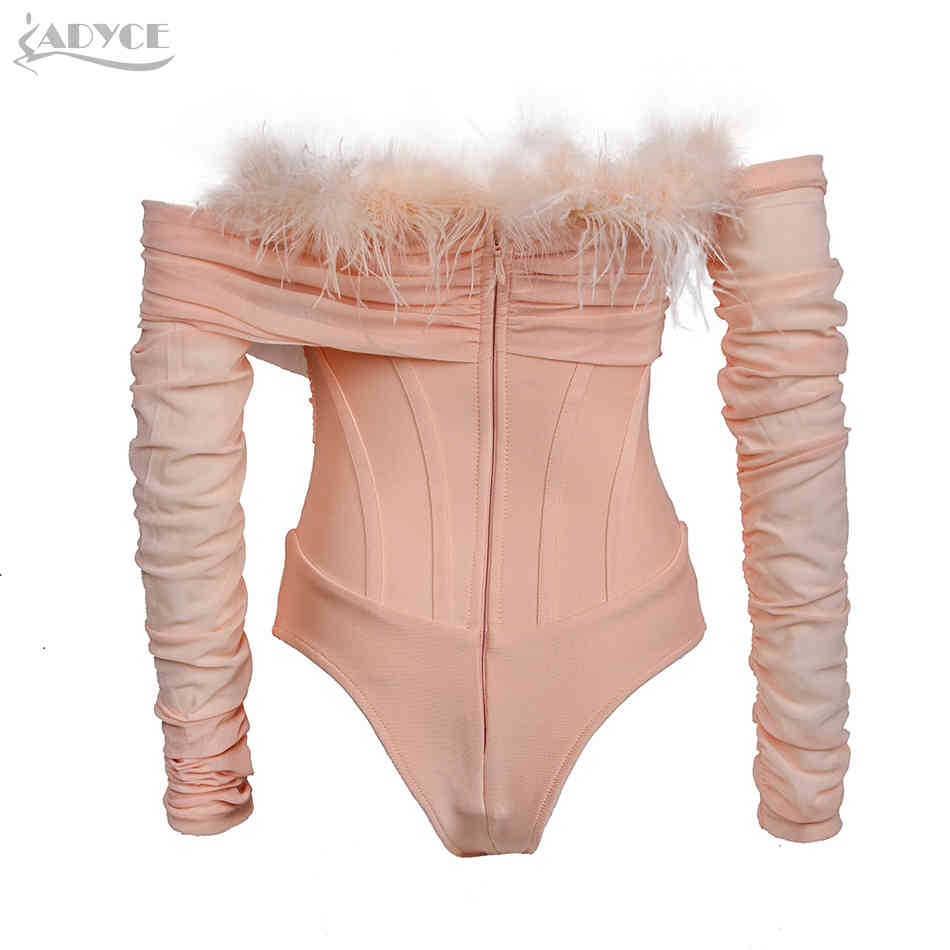 Winter Women Pink Feathers Off Shoulder Bandage Bikini Bodysuits Sexy Long Sleeve Club Party Bodycon Rompers 210423