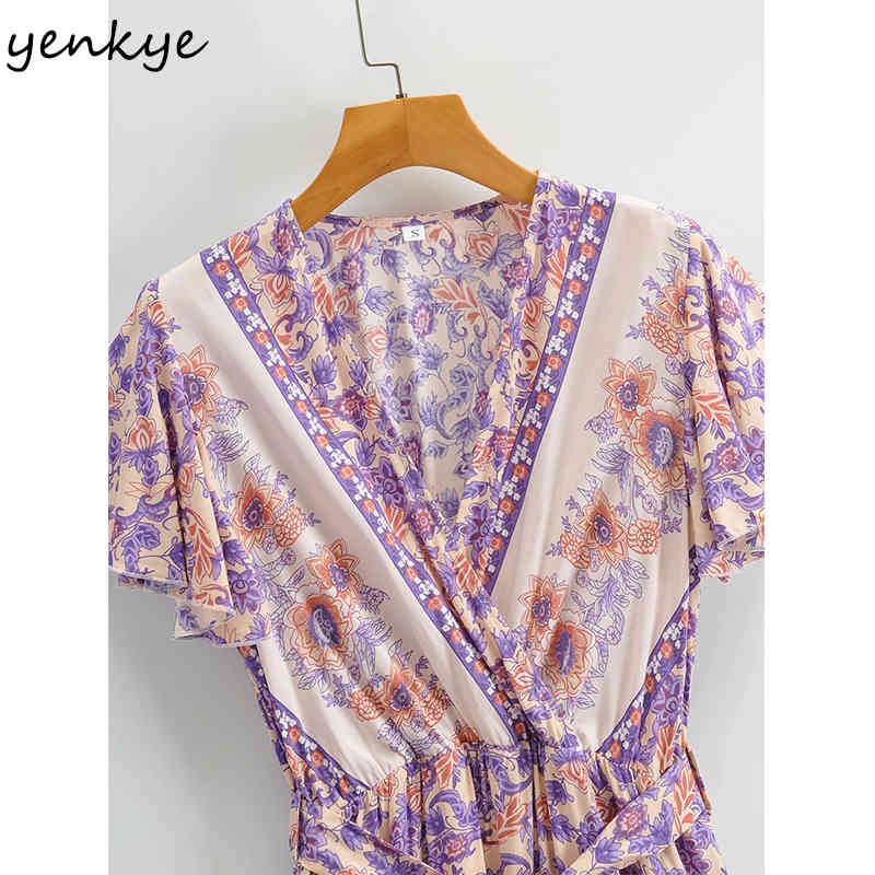 YENKYE Holiday Summer Casual Dress Women Vintage Floral Print Vestido Mujer Free Belt V Neck Short Sleeve Dress 210515