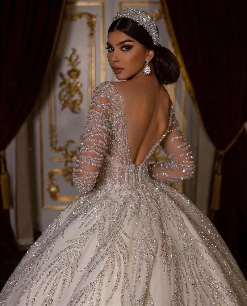 Glitter A Line Wedding Dress For Arabic Women Sparking Beads Sequins Long Sleeves Plus Size Floor Length Backless Crystal Bridal Gowns Robe De Mariee