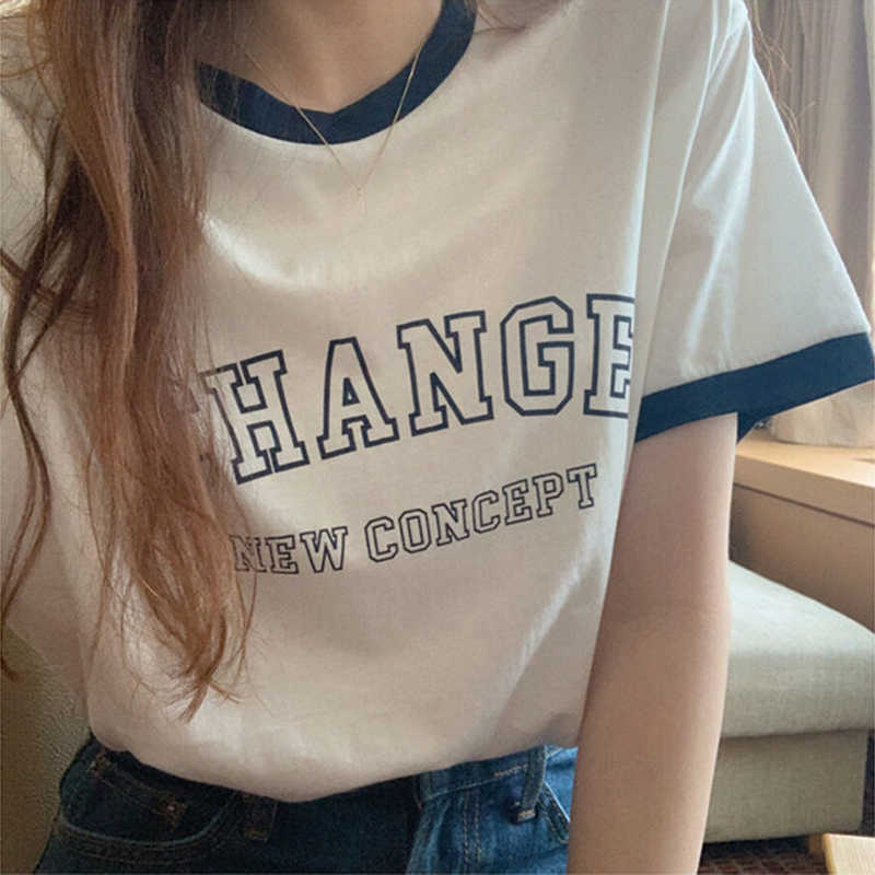 Korejpaa Women T-Shirt Summer Korean Chic Casual Hit Color Wrap Round Neck Letter Printing Loose Short-Sleeved Pullovers 210526