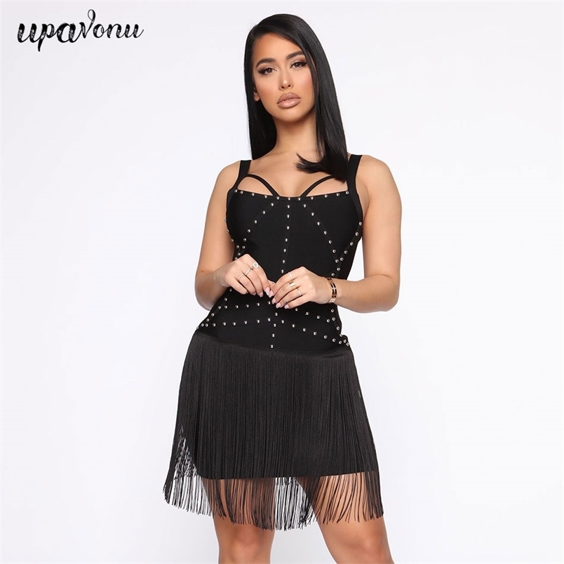 Free Fashion Women's Tassel Bandage Dress Black Sexy Spaghetti Strap Bodycon Rivet Dresses Club Party Vestidos 210524