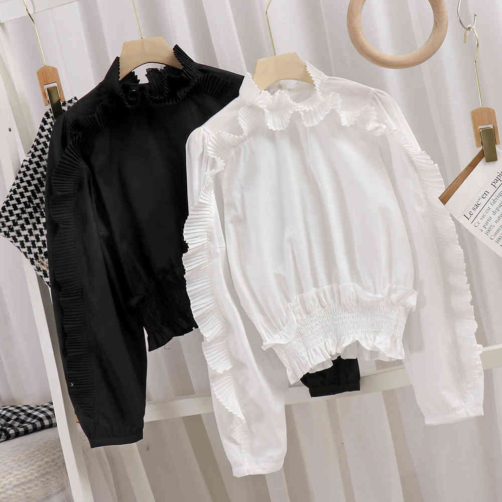 Elegant Ruffle Blouses Women Korean Chic Fashion Clothes Solid Shirts Office Lady Stand Collar Crop Blusas Camisas Mujer 210519