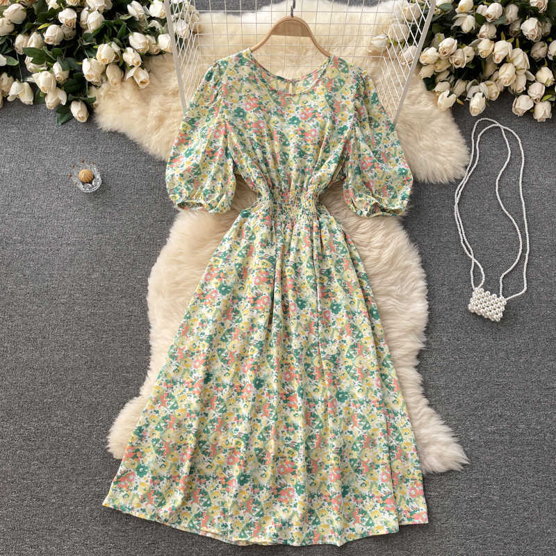 DEAT Women Printing Midi-long Dress Round Neck Three Quarter Sleeve Arrivals Temperament Fashion Spring Summer 11D573 210709