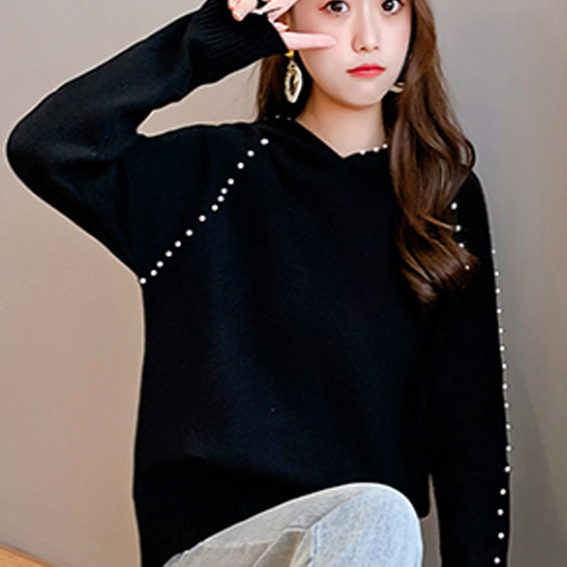 Autumn/winter Women Sweaters and Pullovers Computer Knitted Casual Hooded Loose Beading Solid Women Sweaters 5194 50 210518