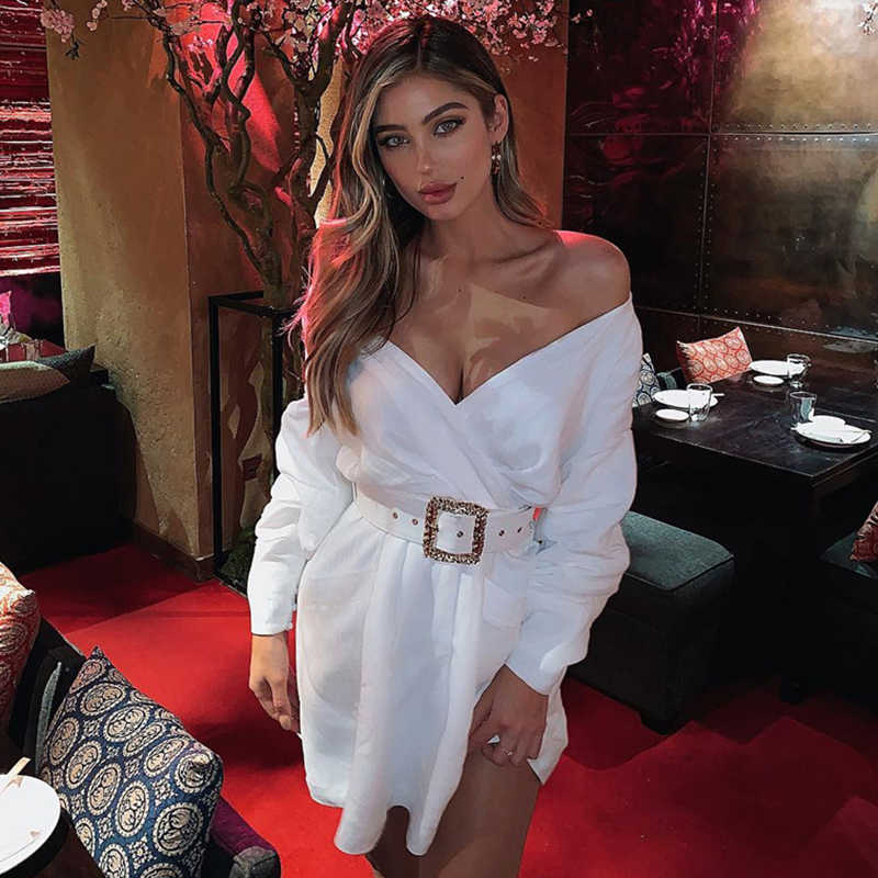 Colysmo Autumn Dress Women Off Shoulder Mini White Sexy With Belt V-neck Party Club Wear A-line Casual Elegant 210527