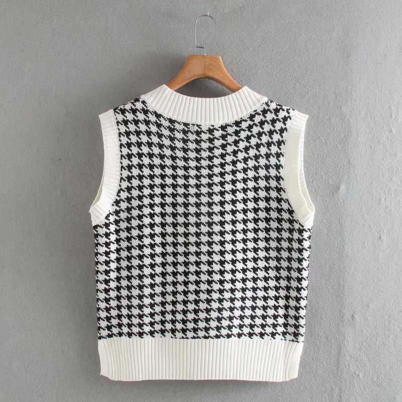 Chu Sau beauty Loose Oversized Knitted Sweater Vest Women Casual V-neck Plaid Sleeveless Sweaters Chic Tops 211018