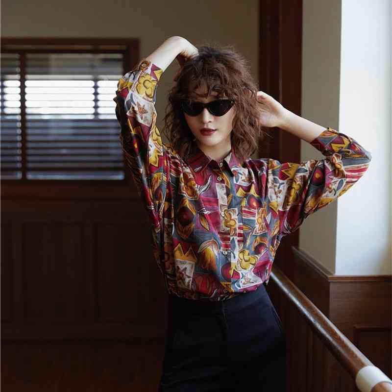 Fall Women Vintage Long Sleeve Shirt Tops And Blouse Button Up Collar Floral Print Ladies Top 210427