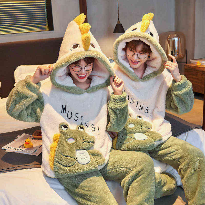 Couples Pajamas Sets Women Men Winter Thicken Pyjamas Sleepwear Cartoon Dinosaur Korean Lovers Homewear SoftWarm Pijama Hoodies 211118