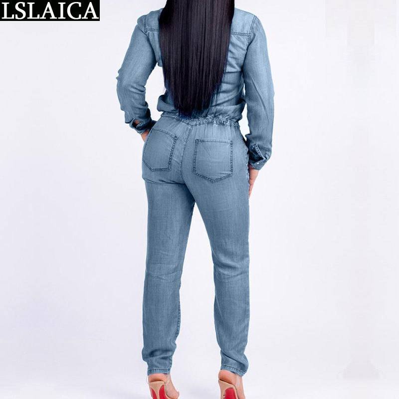 Women jumpsuit blue denim fabric long sleeve decorated jumpsuits for women slim elegant casual office bodysuit 210515