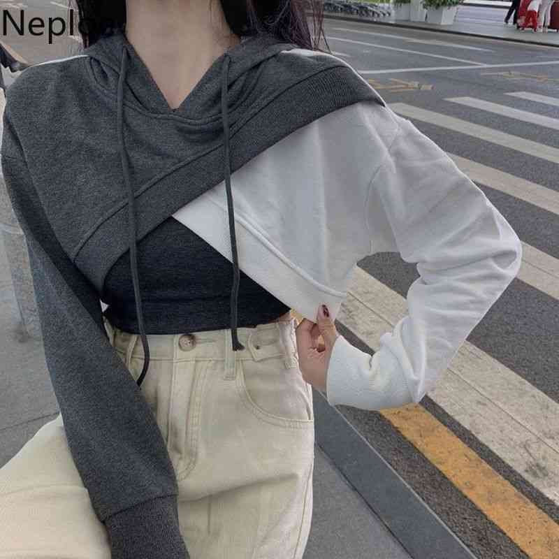 Neploe Harajuku Sweatshirt Women Korean Streetwear Hoodies Ladies Cross Crop Tops Contrast Color Patchwork Hooded Hoodie 210422