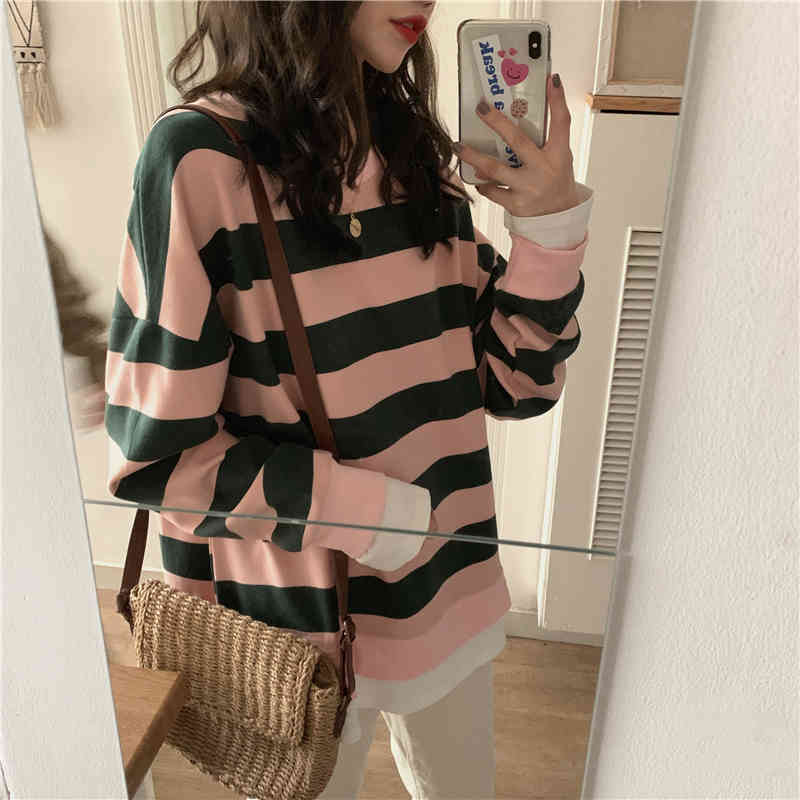 2 colors autumn winter preppy style Women stripe Sweatshirts korean faux two pieces Sweatshirt Womens pullovers (CX8086) 210423