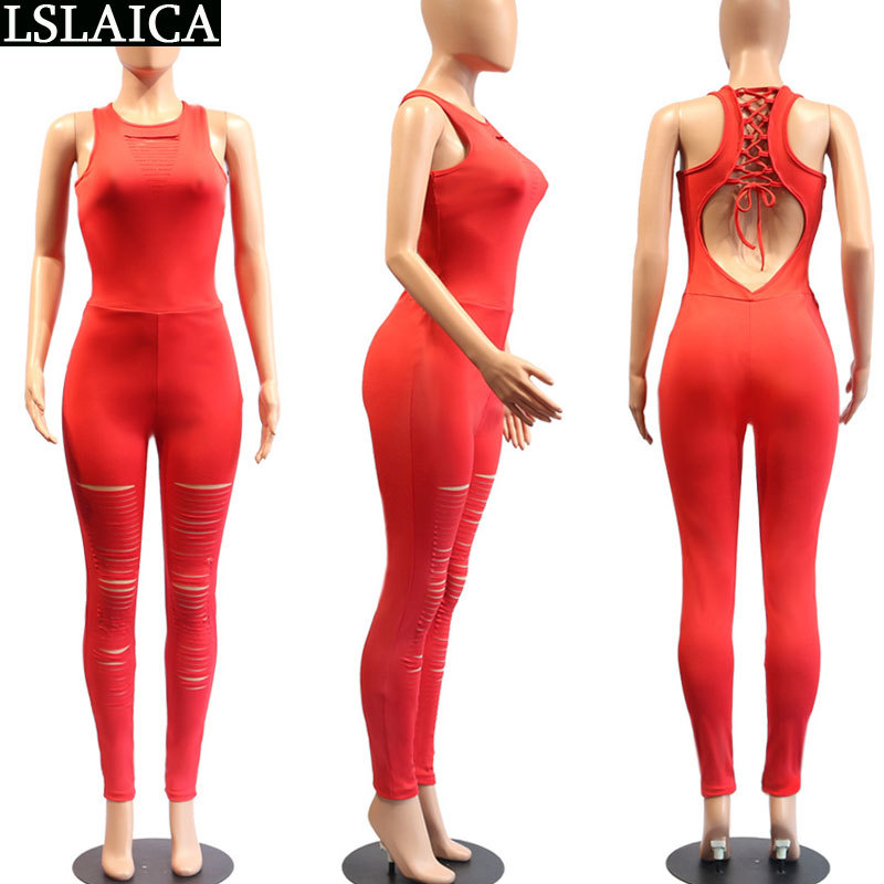 Elegant bodysuit women solid color backless bandage sexy jumpsuit loose casual fashion office party hollow out 210515