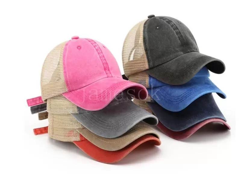 7 Colors Ponytail Hats Men Woman Washed Mesh Baseball Cap Outdoor Sports Adjustable Sun Protection Net Caps DB756