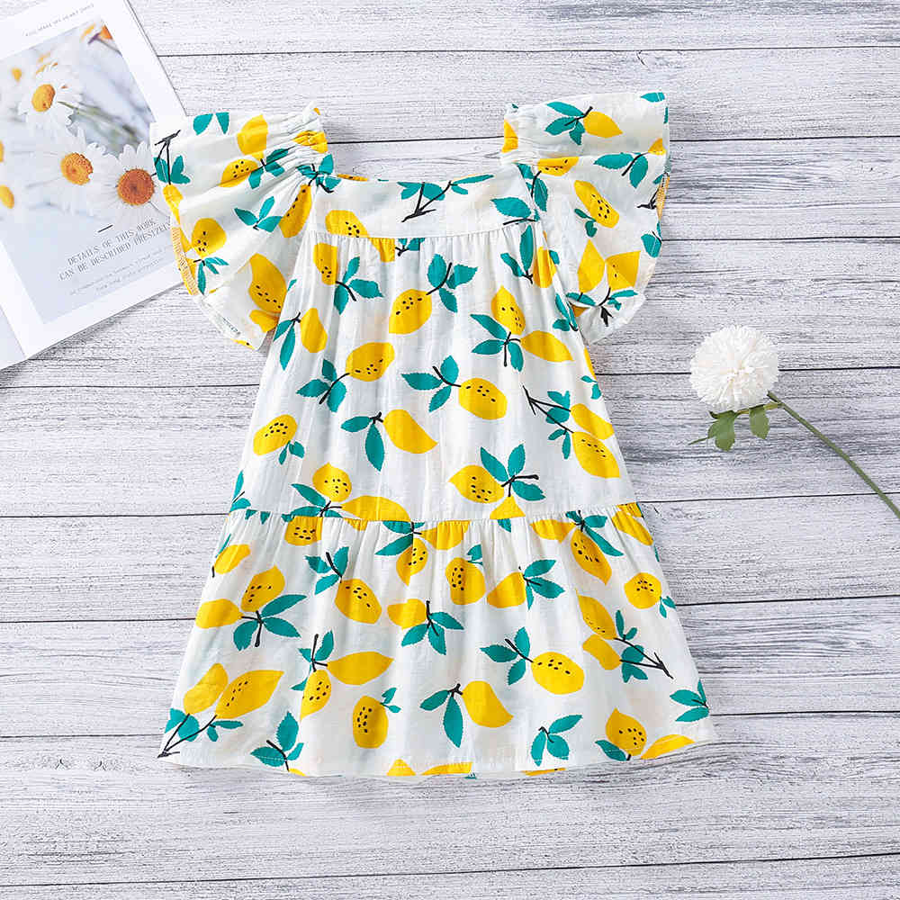 Fashion Square Neck Lemon Print Dress For Girl Children Clothing Summer Cute Flying Sleeve 210515