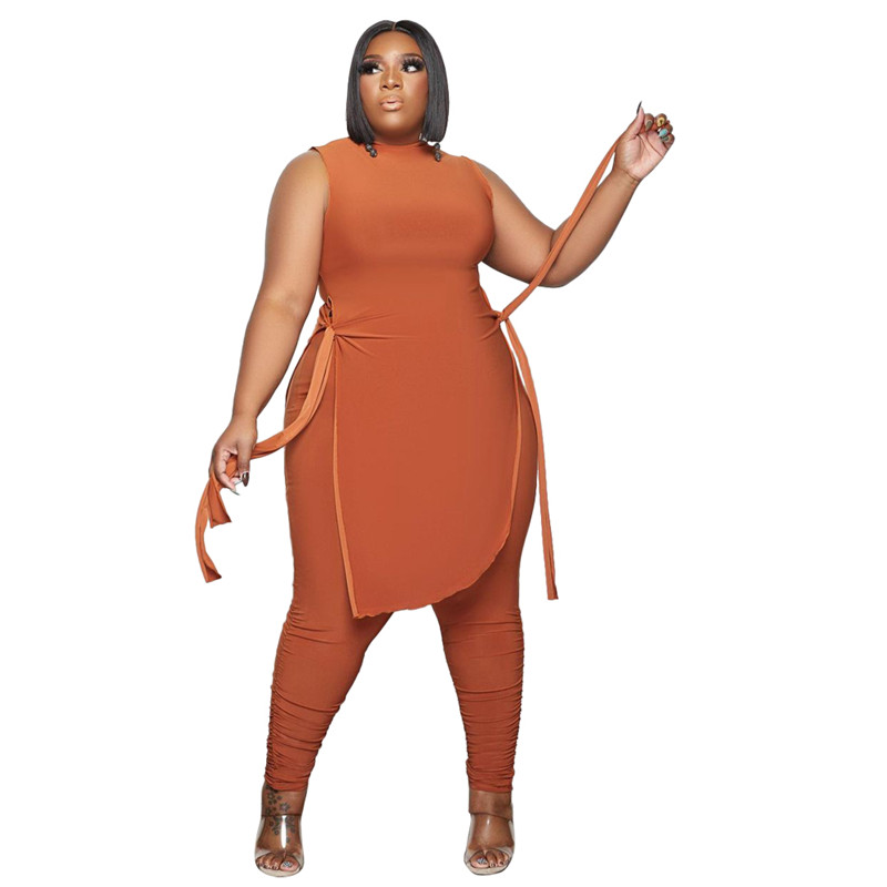 Plus Size 3XL 4XL Women Two Piece Set Matching Tracksuits Long Style Sleeveless Sweatshirt Tops Stacked Leggings Casual Sports suits Solid Fall Clothe