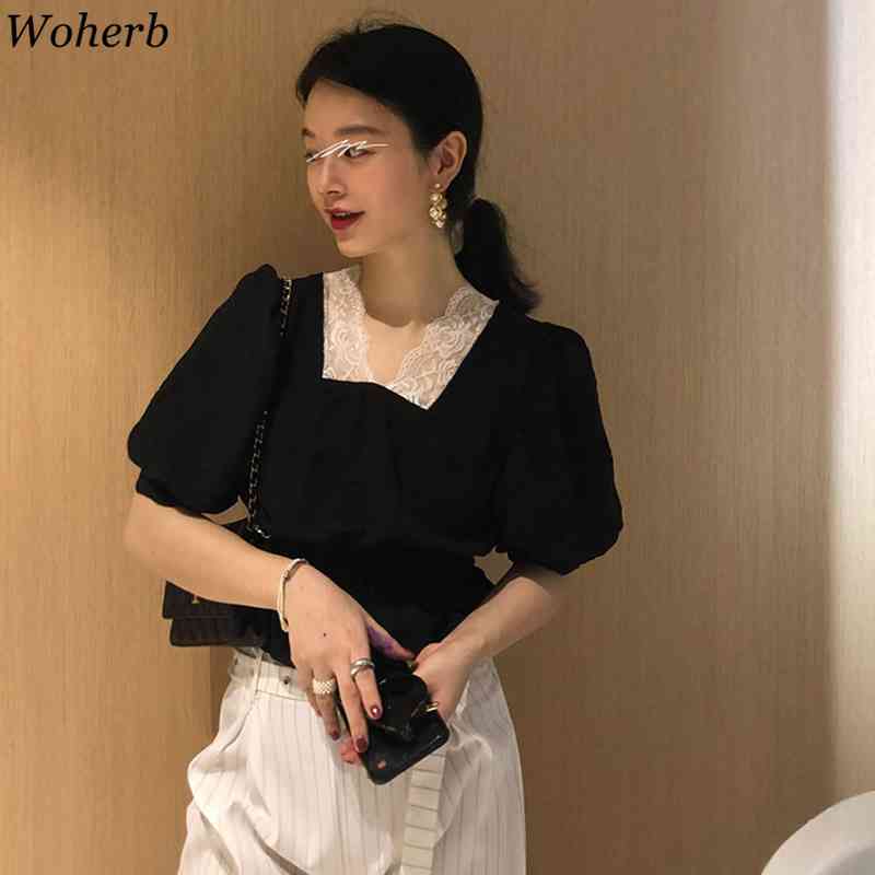Vintage Women Blouse Lace Patchwork Black Red Shirts Summer Fashion Puff Sleeve Slim Waist Short Blusas Temperament Tops 210519
