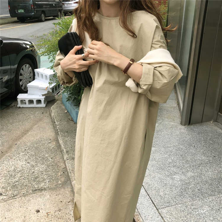 Retro Simple Solid Loose O Neck Hem Split Long Lace-up Slim Dress for Women 210615Z
