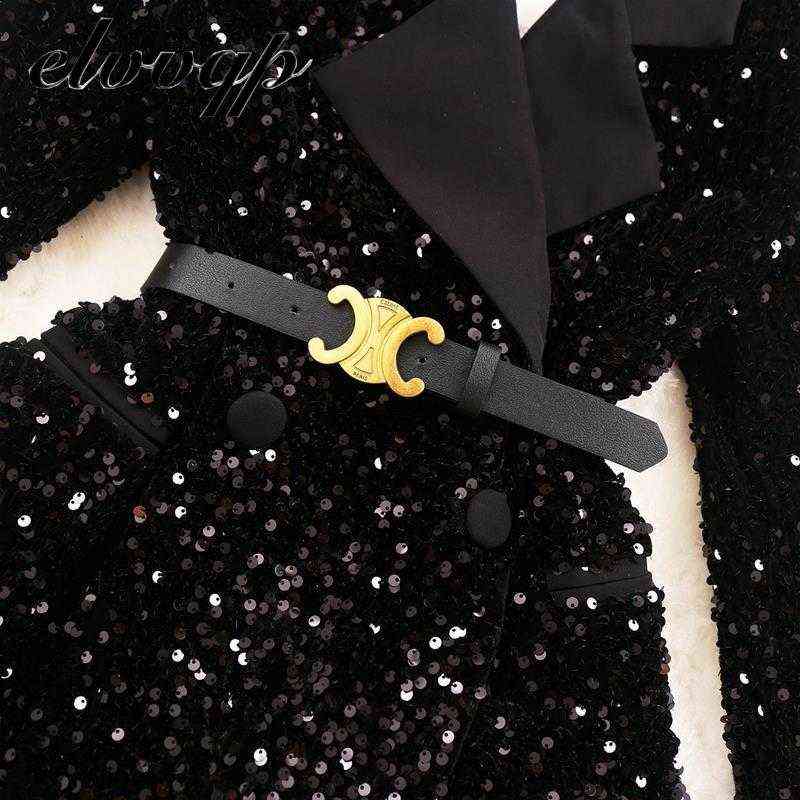 Fashion Women Shiny Sequins Suit Jacket Female Double-breasted Office Work Coat Slim Fit Blazers Autumn Clothes With Belt 211122