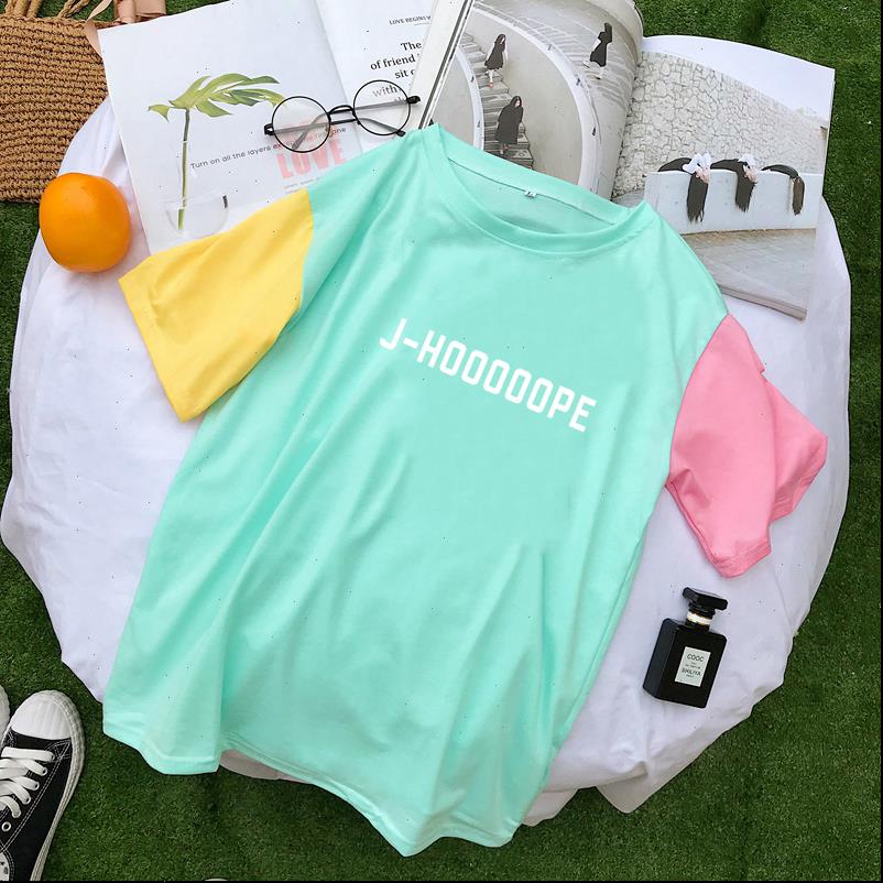 summer womens t shirt women short sleeve cotton streetwear casual korean kpop j hooooope letter print spell color stitching, White 
summer womens t shirt women short sleeve cotton streetwear casual korean kpop j hooooope letter print spell color stitching, White