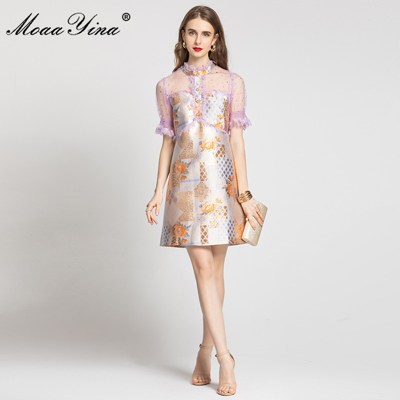 Fashion Runway Summer Short Jacquard Dress Women's Mesh Splicing sleeve Floral print Vintage Party Mini Dresses 210524