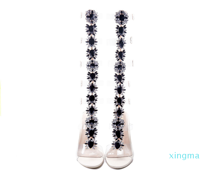 Summer Woman Sandals Rhinestone Lady Knee High Sandal Boots Thin High Heels Stiletto Crystal Dress Shoes Bohemia Style