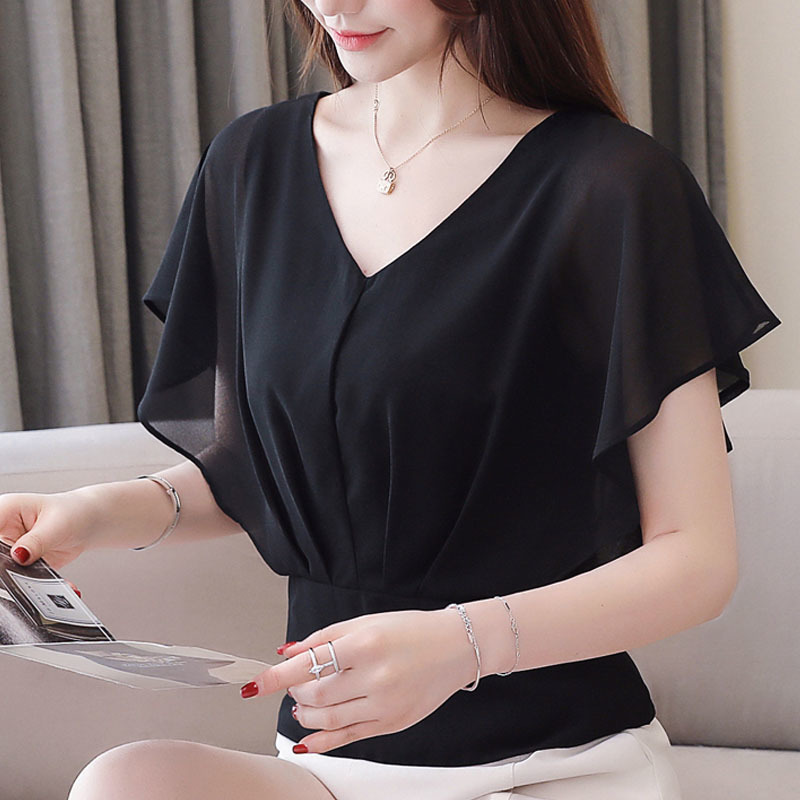 Korean fashion clothing ladies tops white shirt blouse Short Ruffles Polka Dot V-Neck shirts chiffon blusas 3097 50 210427